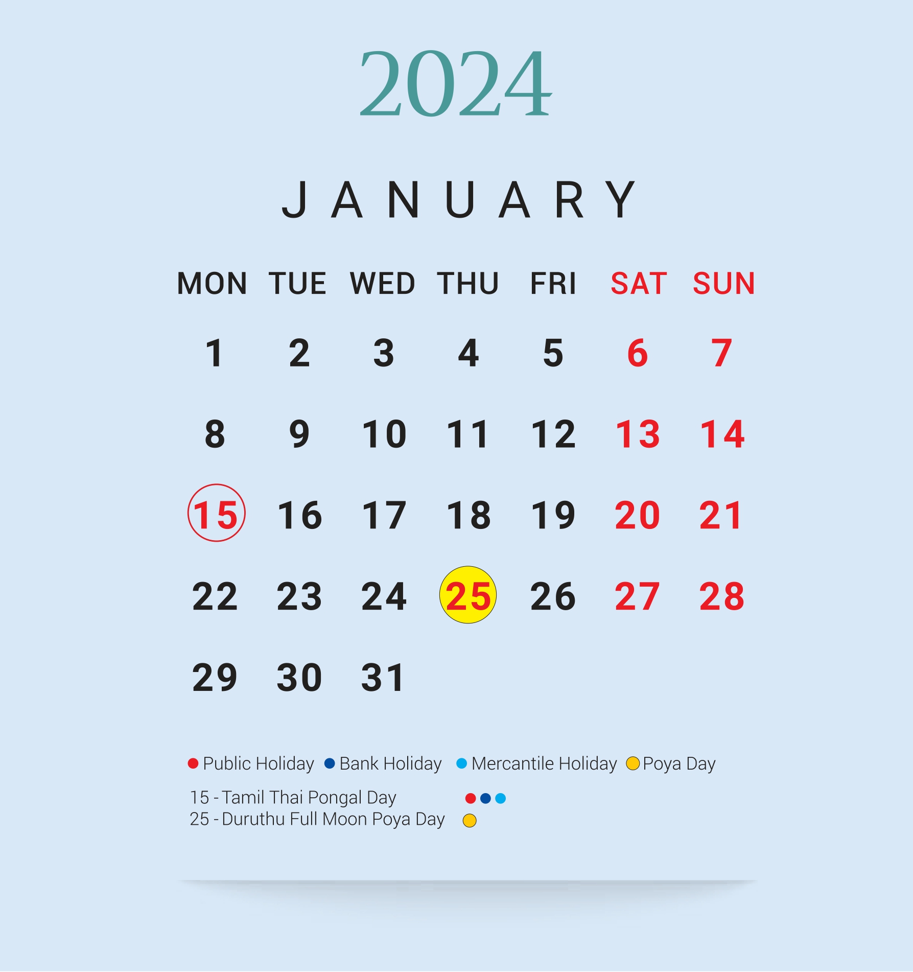 2024 January Calendar Sri Lanka With Holidays Two Thousand Twenty